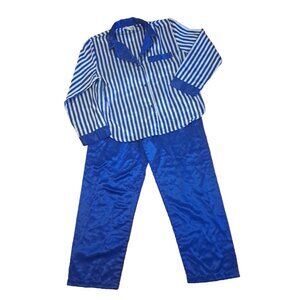 Womens Satin Pajamas Heather Lane Blue White Striped Top Pants Loungewear M